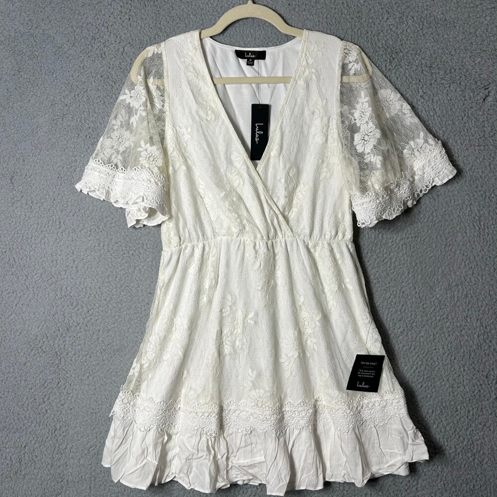 Lulus Dress Womens M Cream Floral Lacy Jacquard Mini Dress Wedding Party NEW